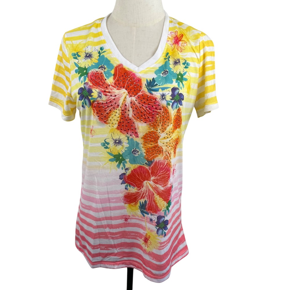 White Stag M SS V Neck Top Floral‎ Stripe Colorful Boho Art to Wear Vacation Y2K